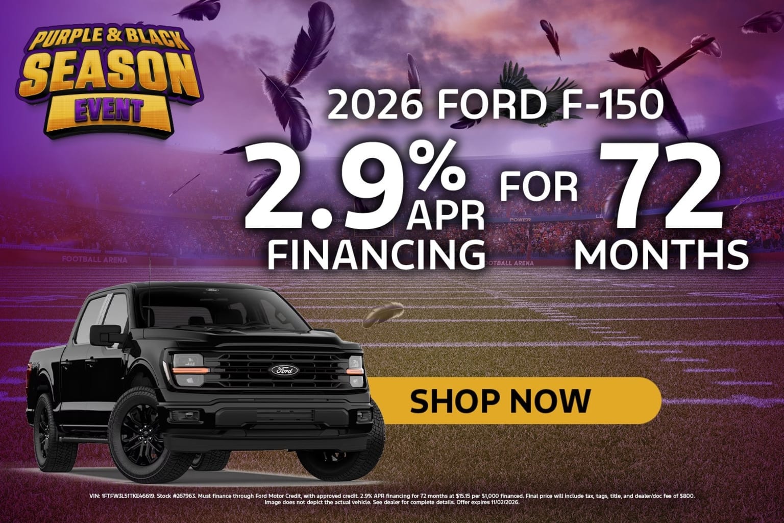 A black truck parked in front of a football stadium with promotional text in the background.