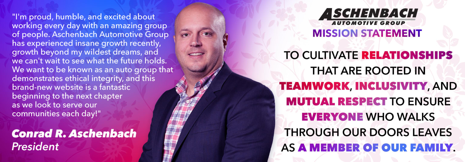 The image shows a middle-aged man with a bald head and a friendly expression, wearing a blue and white checkered shirt, against a colorful background with text about the dealership's mission statement.