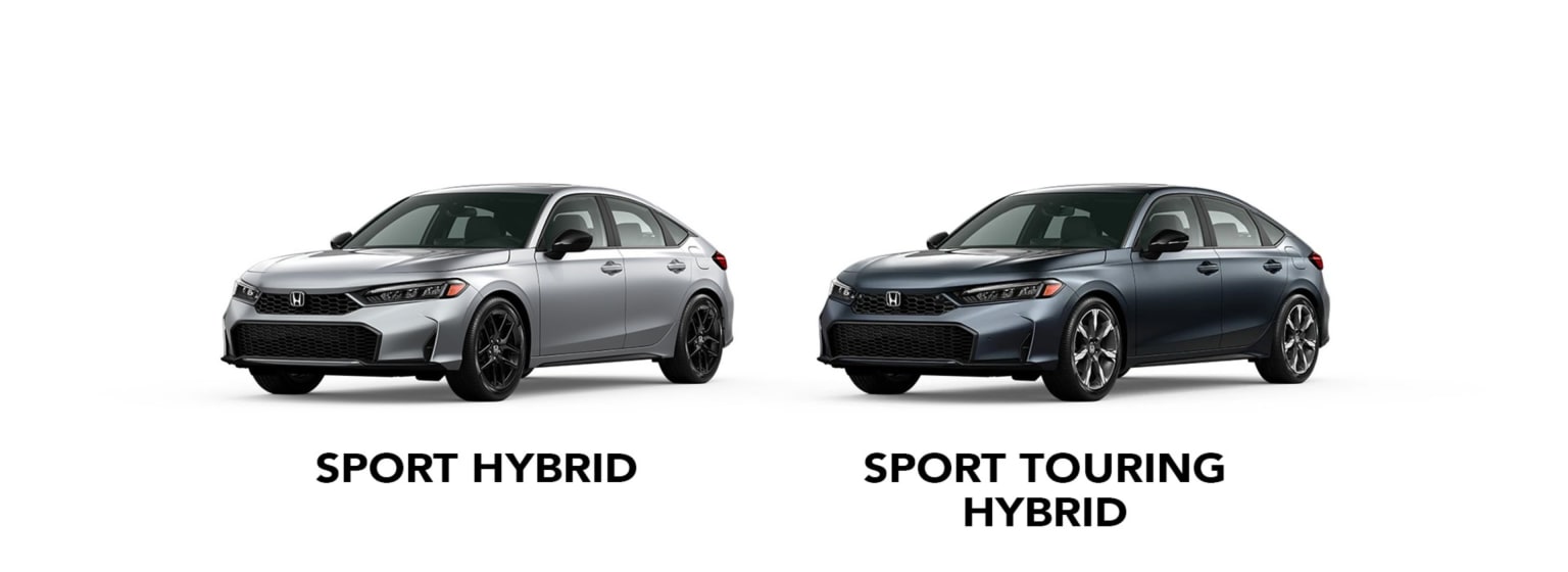Two hybrid sedans, one silver and one dark gray, are displayed side-by-side against a white background.