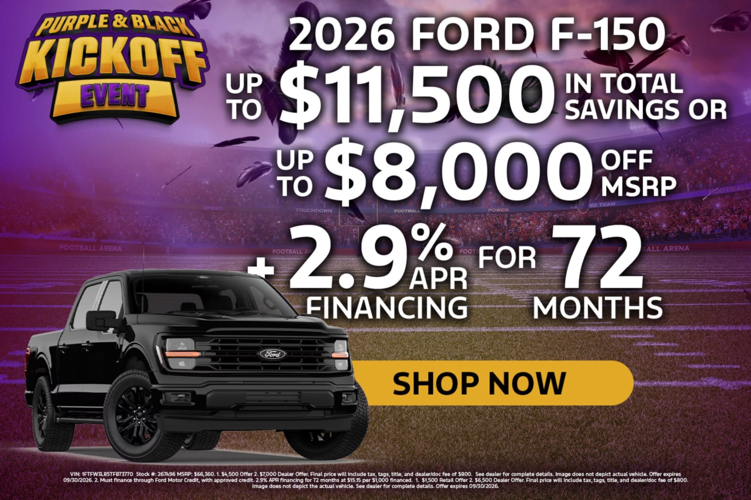 A black truck is featured in the foreground with a purple and black "Kickoff Event" graphic and financing details in the background.