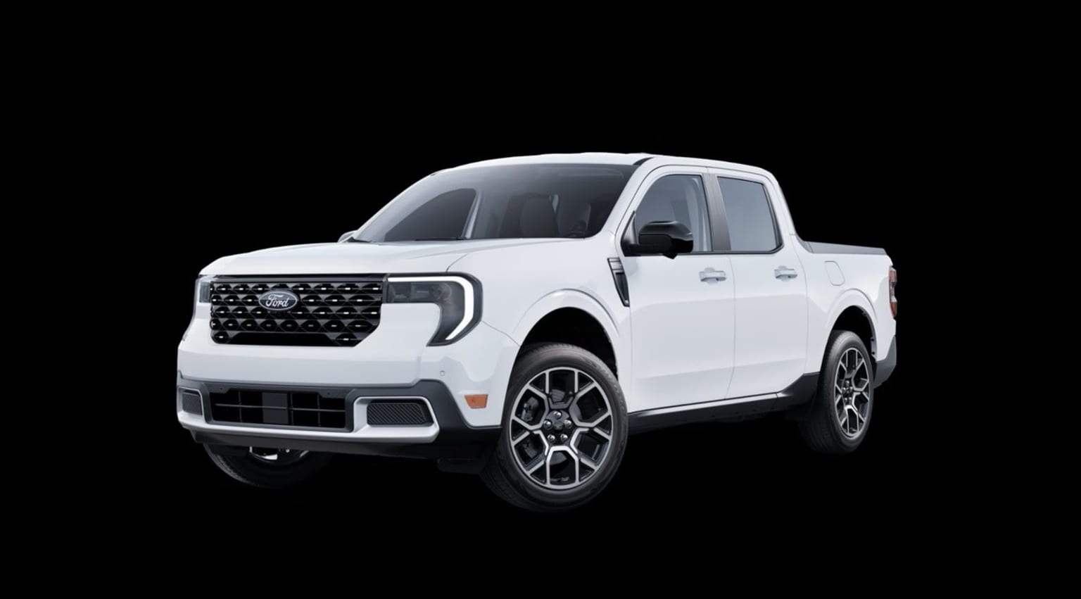 White pickup truck with bold, angular design on dark background