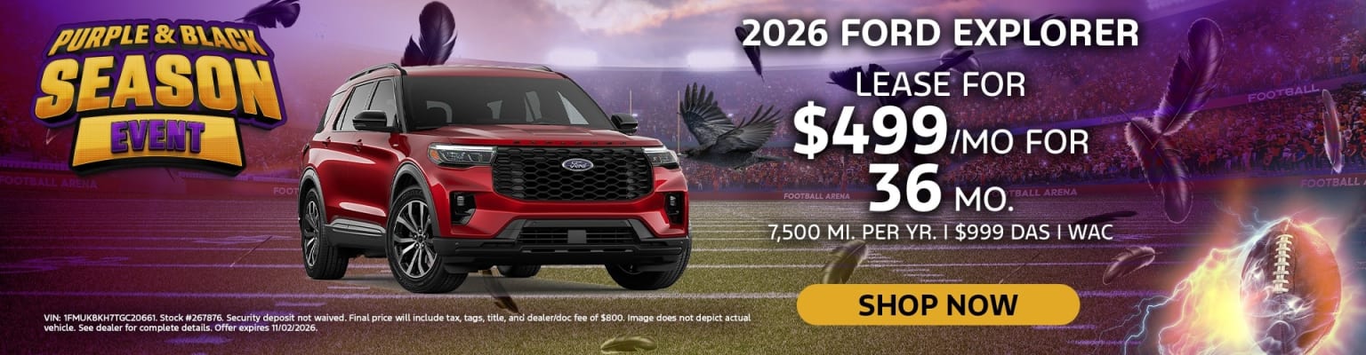 Red SUV parked on football field with crowded stadium background and event promotion.