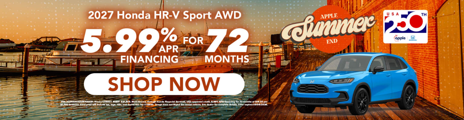 A blue SUV is featured in the foreground with a "Shop Now" button, while the background shows a waterfront scene with boats and a sunset.
