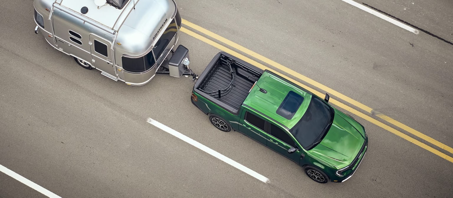 2025 Maverick Towing an Air Stream from an ariel view