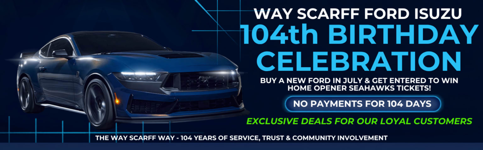 A blue sports car is featured in the foreground against a dark blue background with text announcing a birthday celebration for a local automotive dealership.