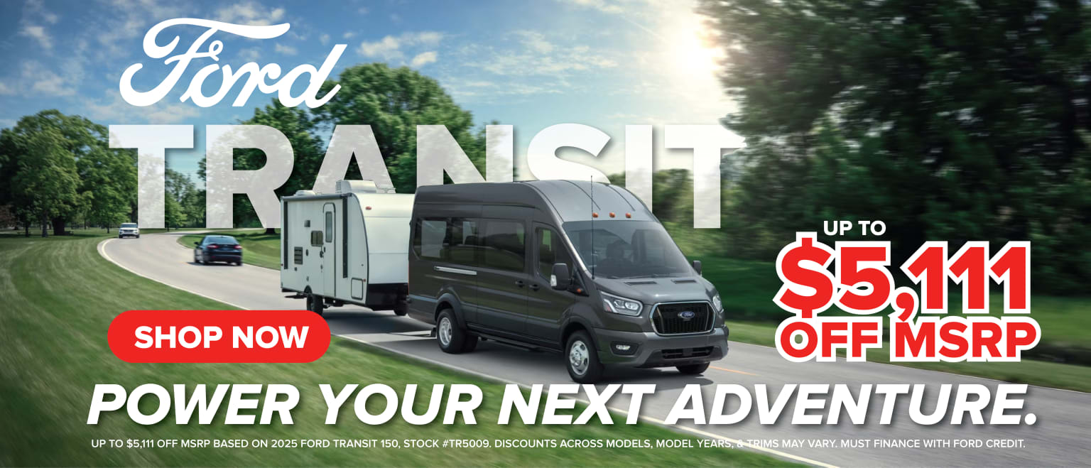 A van displayed in the foreground with a scenic countryside landscape in the background. The image showcases a promotional message emphasizing affordability and power for adventures.