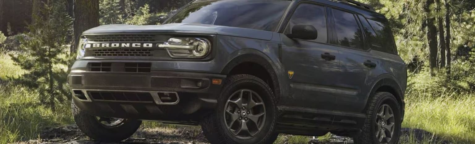 An SUV is parked on a dirt path in a sun-dappled forest.