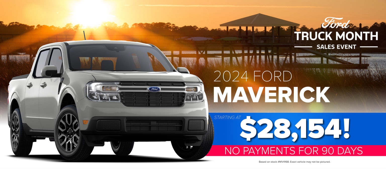The image shows a truck in the foreground, with a sunset landscape and a gazebo-like structure in the background, during a special sales event with deferred payment option.