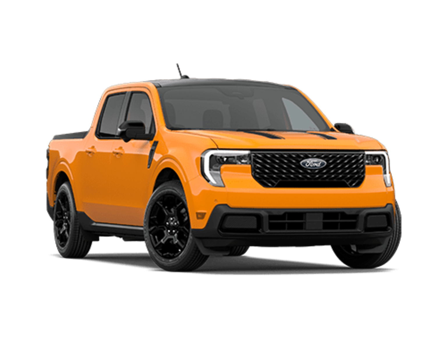An orange pickup truck with a bold, aggressive design is the focal point of the image, standing out against a plain white background.