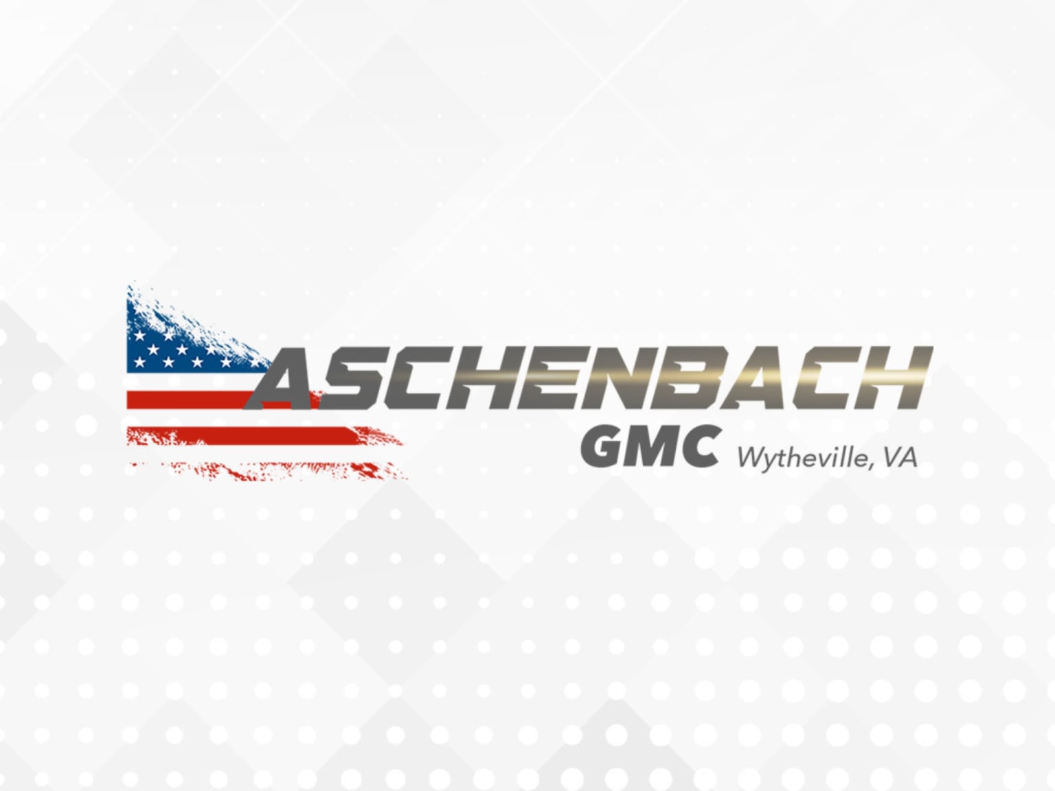 An American flag with a distressed look on the left, accompanied by text mentioning a dealership location in Wytheville, VA, set against a light gray background with a subtle geometric pattern.