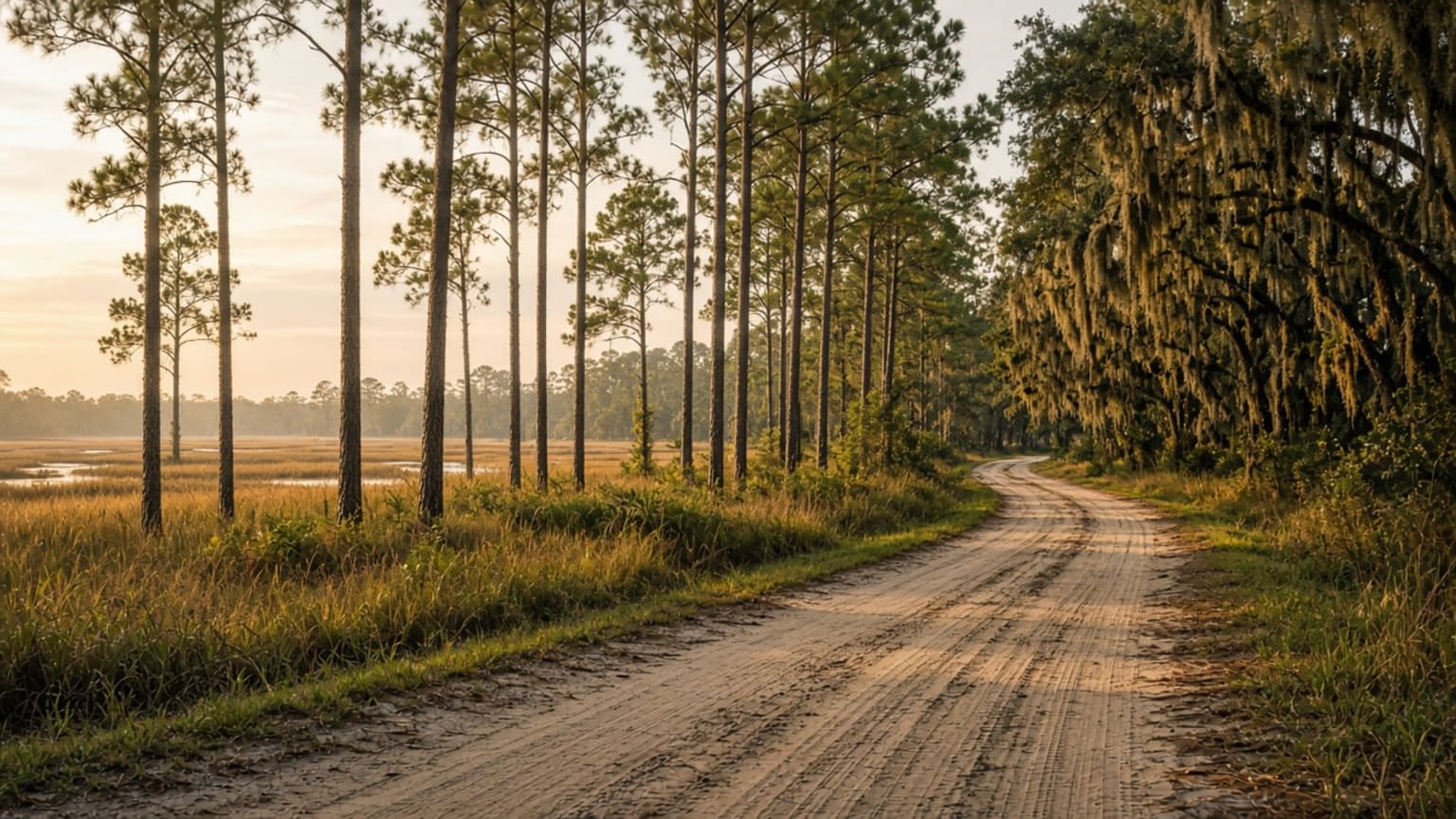 A sandy dirt road winds through a grassy foreground, bordered by tall pine trees and Spanish moss–draped oaks against a soft, glowing horizon.