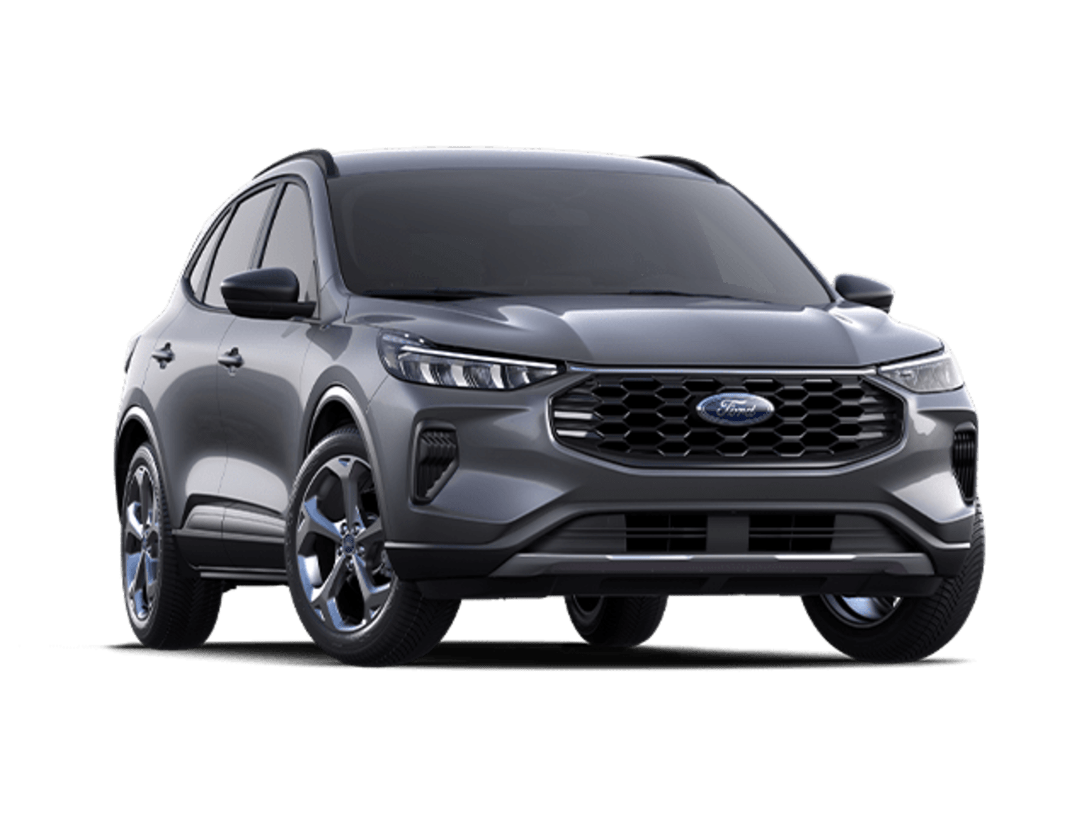 A sleek and modern-looking gray SUV with distinctive design features, including a bold front grille and headlights, stands prominently against a plain white background.