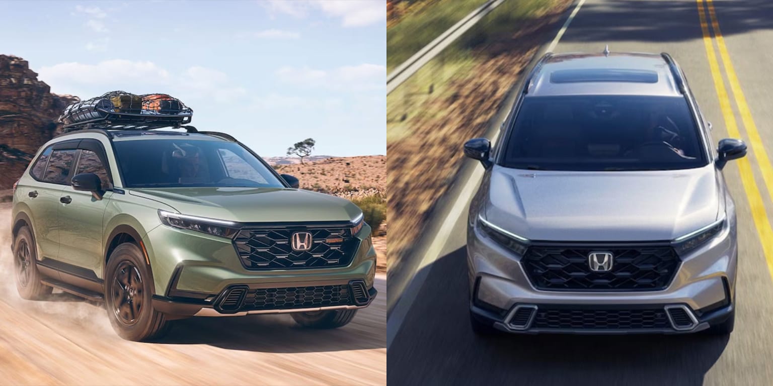 A green SUV with a roof rack drives on a dusty desert road, while a silver SUV drives on a paved road in the background.