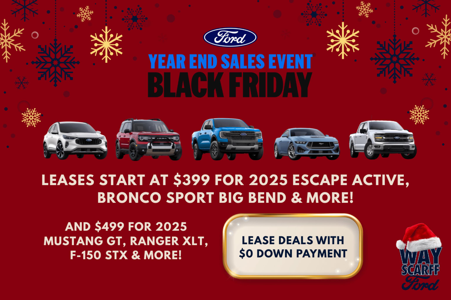 The image shows a dealership's Black Friday year-end sales event featuring various vehicles such as the Escape Active, Bronco Sport, Mustang GT, Ranger XLT, and F-150 STX, along with lease deals and offers.