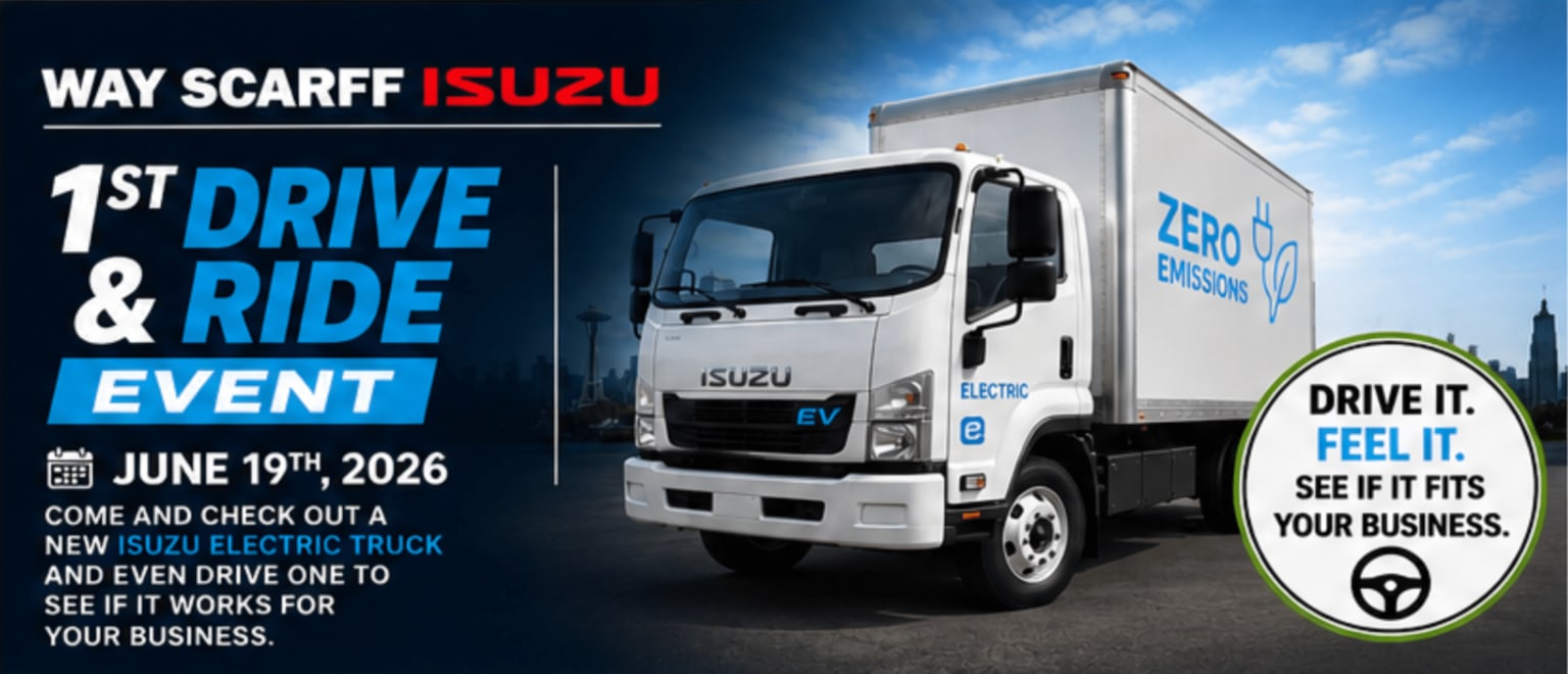 A white electric truck is parked in front of a city skyline, with event details for a "1st Drive & Ride Event" on the left.