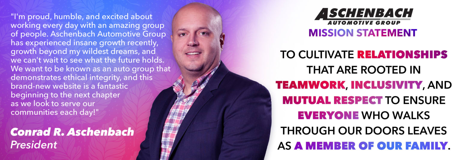 The image shows a middle-aged man with a bald head and a plaid shirt, standing in front of a colorful background with the dealership's mission statement.