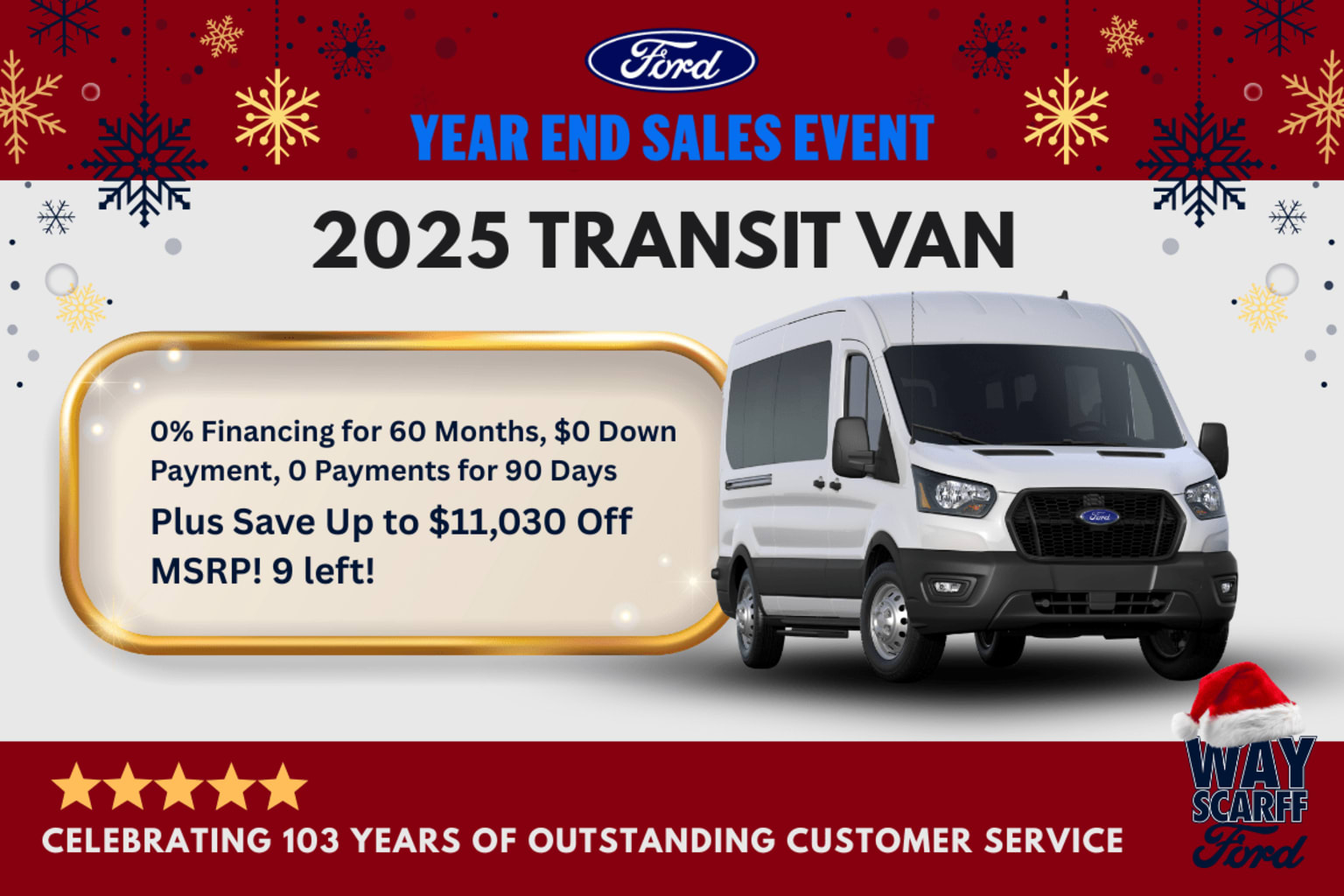The image shows a white van displayed in a festive setting with snowflakes and a logo, promoting a year-end sales event for the 2025 van.