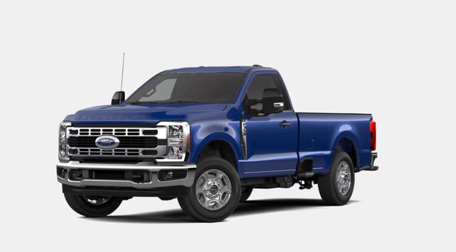 A blue Ford F-250 Super Duty pickup truck is prominently featured in the image, set against a plain white background.
