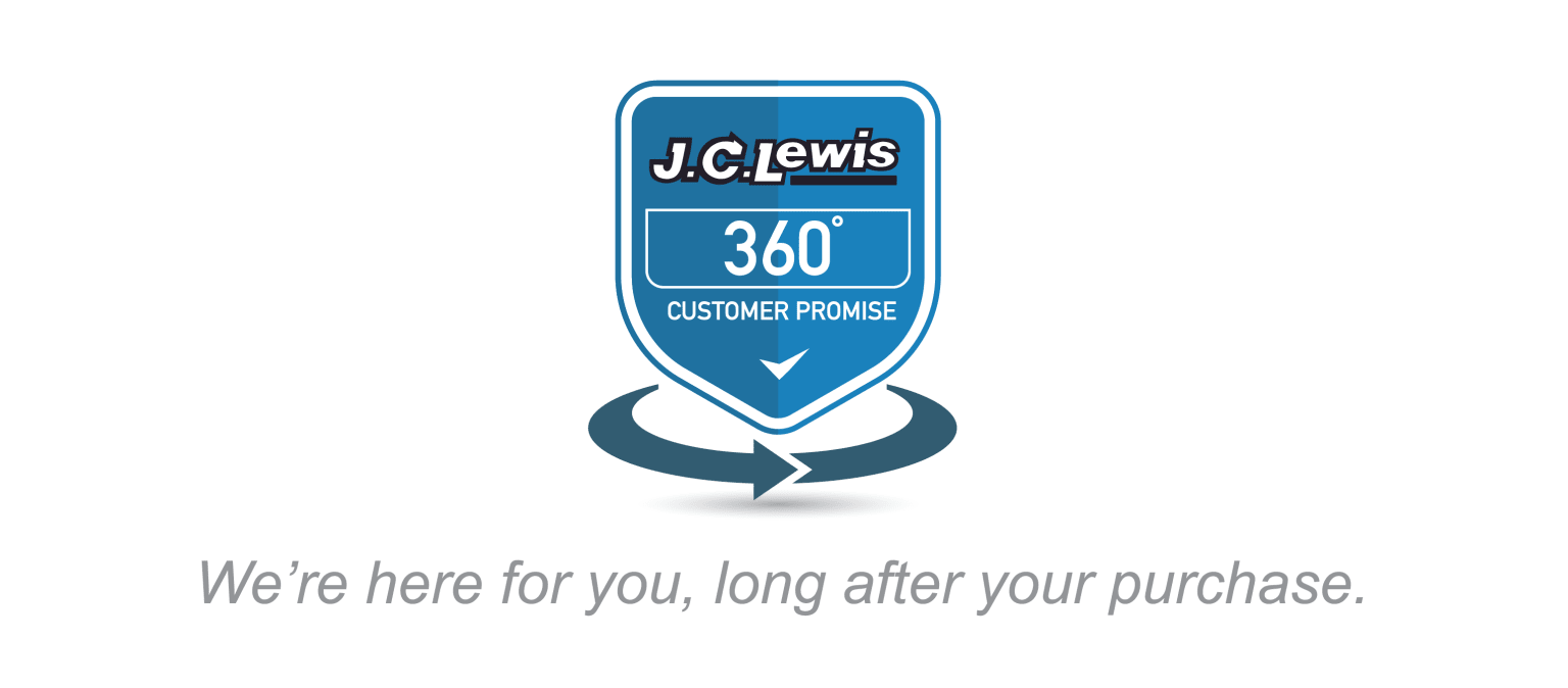 The image shows a blue sign with the text "360° Customer Promise" and an arrow pointing downward, indicating the company's dedication to supporting customers post-purchase.