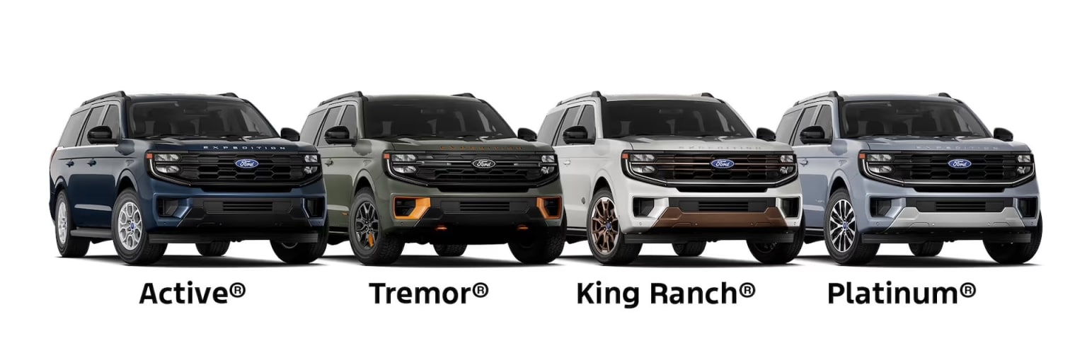Four different models of trucks are displayed in the image, including the Tremor, King Ranch, and Platinum variants. The trucks are arranged in a row against a plain white background, showcasing their distinct designs and features.