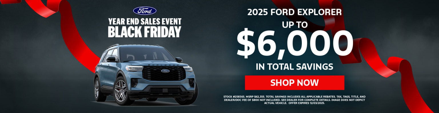 The image features an SUV prominently displayed in the foreground, with a sales event promotion and total savings highlighted in the background.