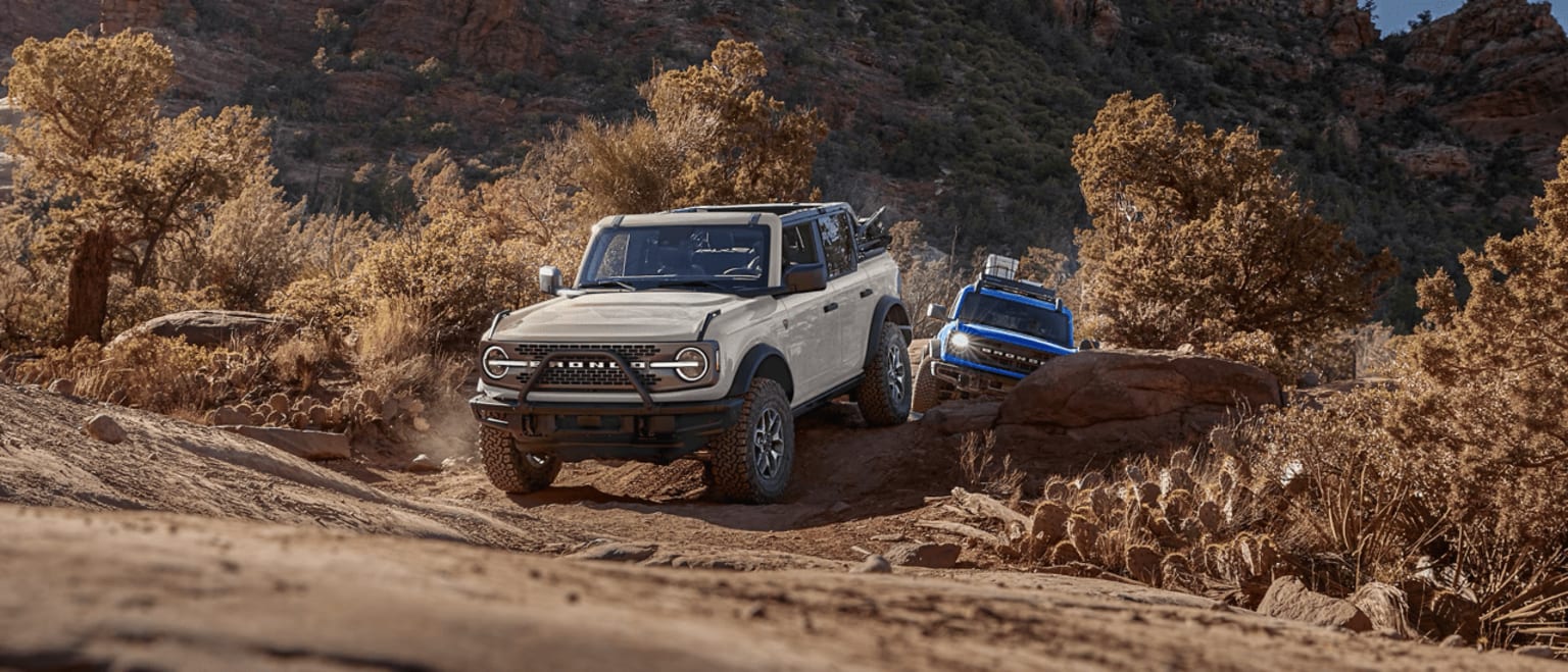 Off-road vehicle navigating rocky terrain with lush vegetation in background.