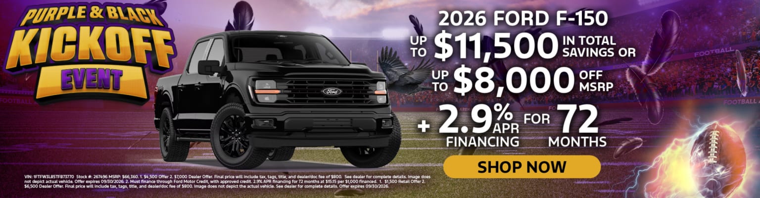 A black pickup truck is featured in the foreground with a "Purple & Black Kickoff Event" banner and financing details, set against a background of a football stadium with purple and black lighting.