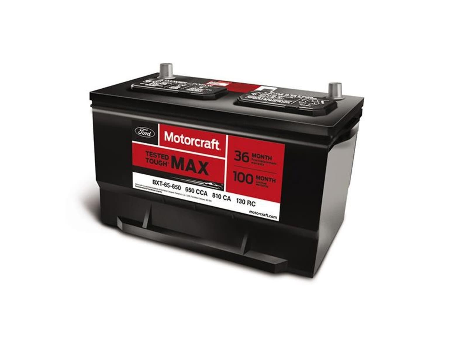 A black automotive battery with technical specifications displayed on its surface.