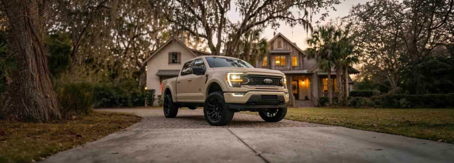 A tan pickup truck parked on a driveway in front of a large house with trees in the background.