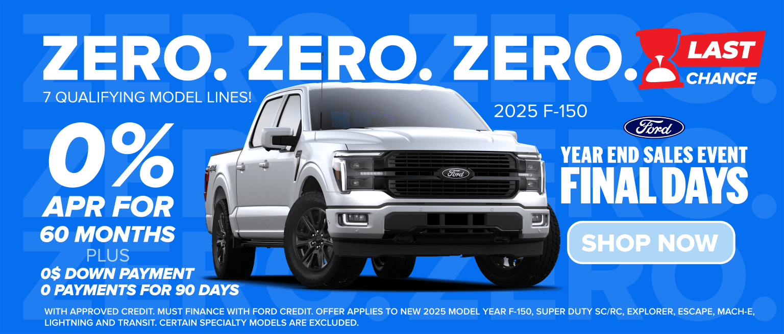 The image depicts a large white Ford F-150 pickup truck prominently displayed against a bright blue background with text advertising a "Zero, Zero, Zero!" sales event.