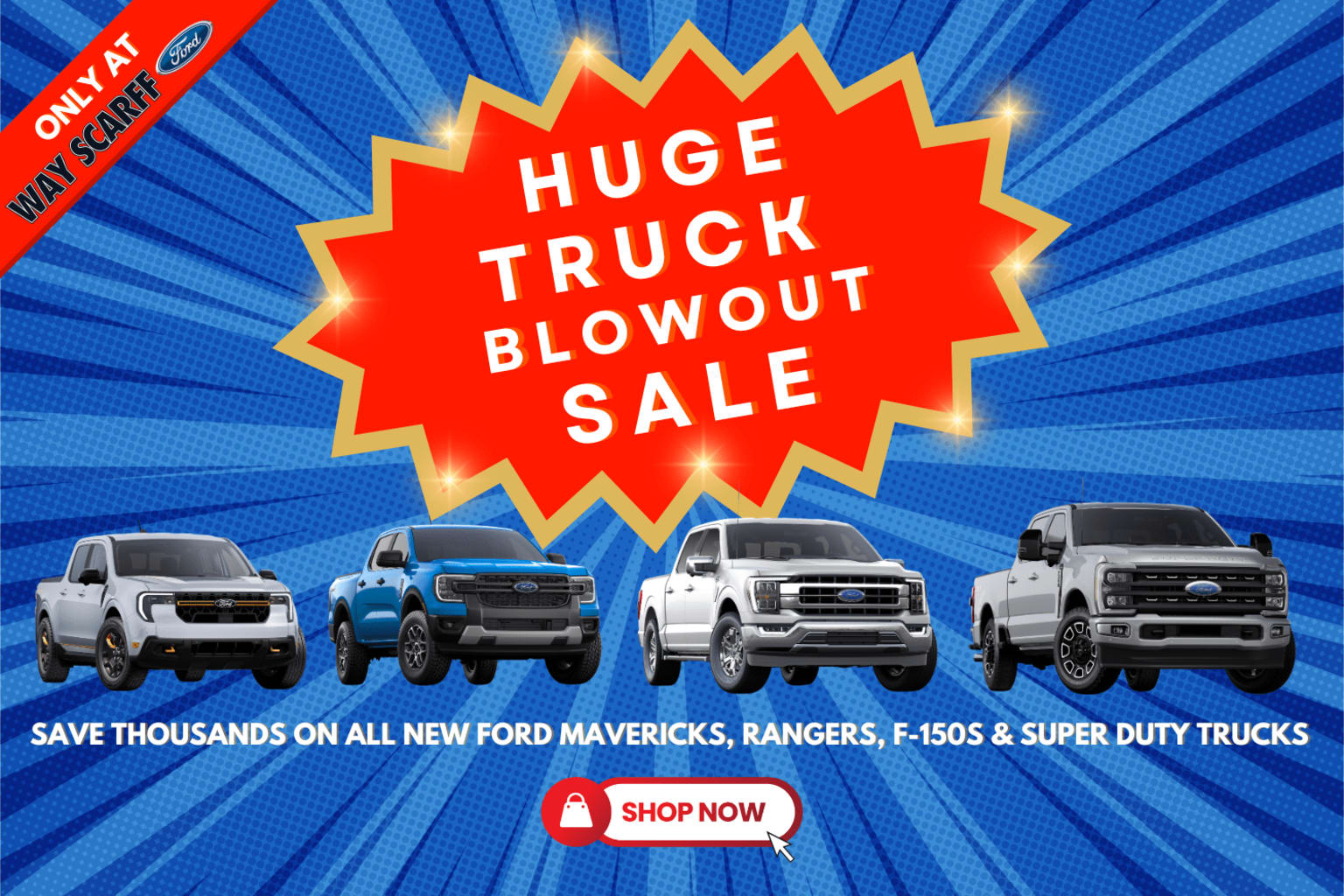 A vibrant image of various trucks displayed for a sale event against a colorful background.