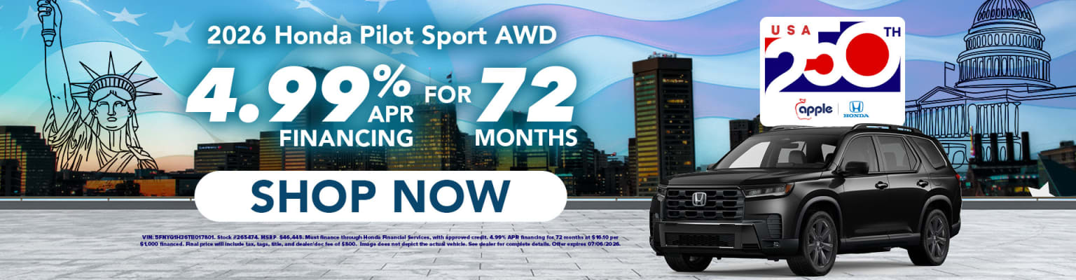 A black SUV is parked in front of a cityscape featuring famous landmarks, with a financing offer available for a limited time.