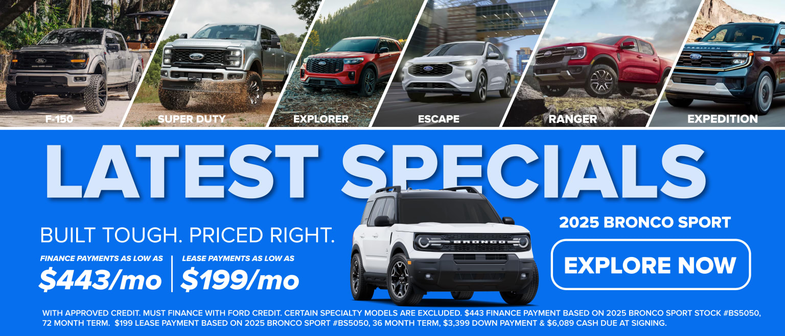 Image of different truck models including Super Duty, Explorer, Escape, Ranger, and Expedition, with a display of the 2025 Bronco Sport model.