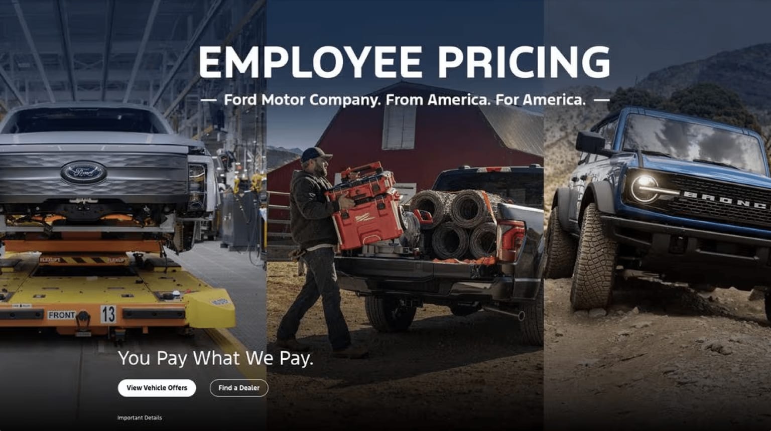 Various Ford vehicles in a rugged outdoor setting, showcasing an employee pricing promotion with the tagline "You Pay What We Pay."