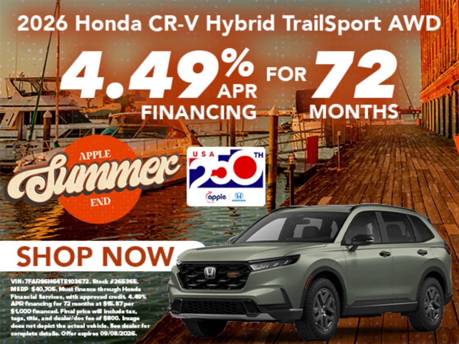 A silver SUV parked on a wooden pier with boats in the background.