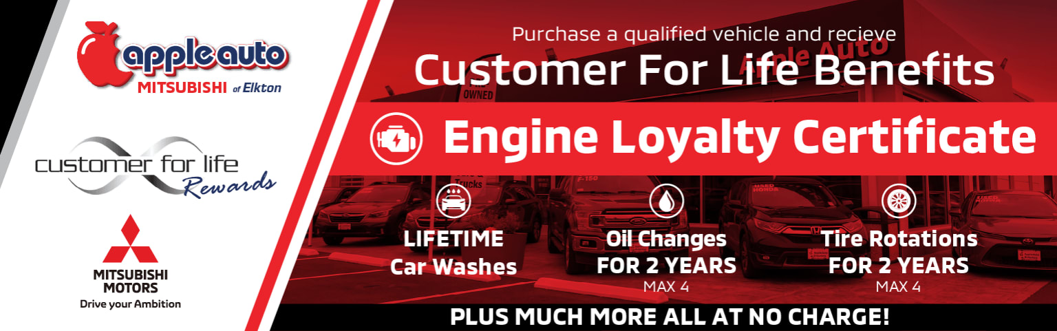 A red and white banner promoting "Customer For Life Benefits" and "Engine Loyalty Certificate" with icons for car services in the foreground, set against a background of cars.