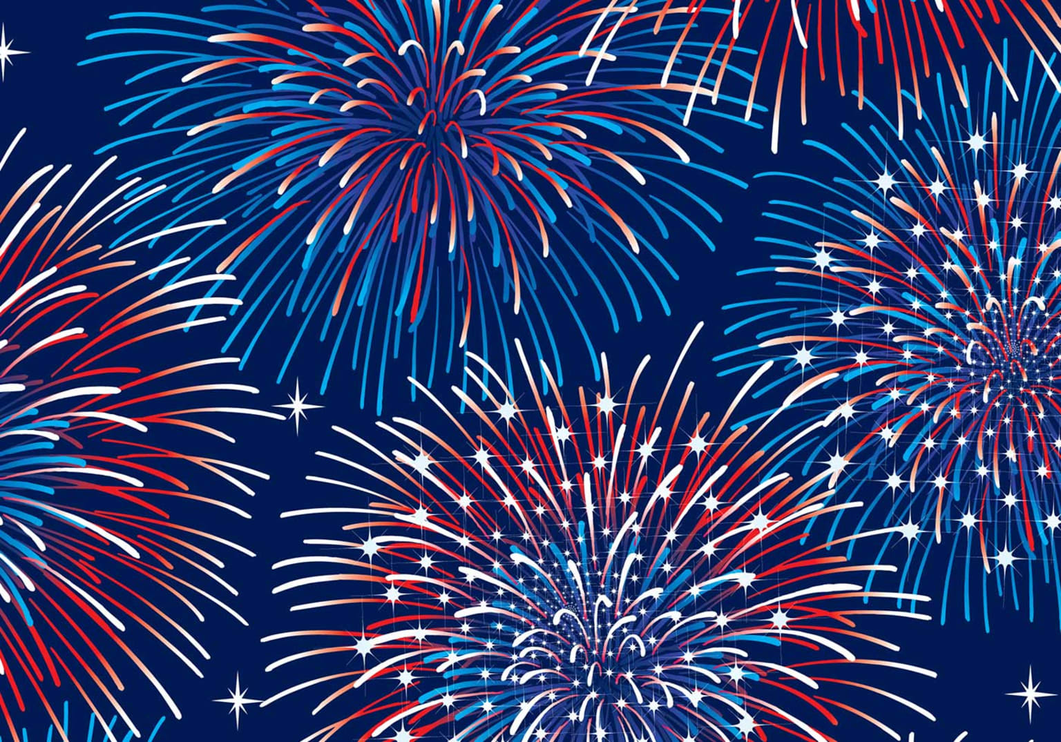 a blue background with red, white, and blue fireworks on top of it and stars on the bottom of the fireworks