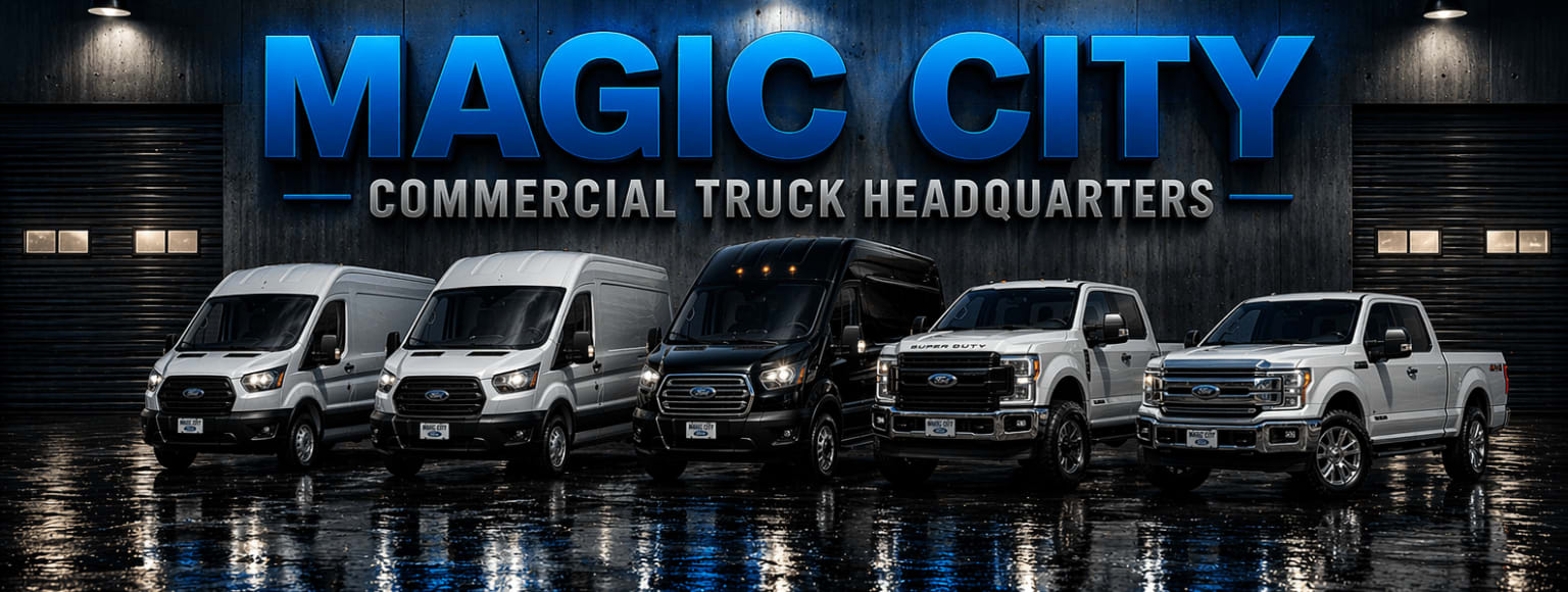 Commercial truck dealership showcasing a variety of different commercial trucks parked in the foreground against a dark, rainy backdrop.