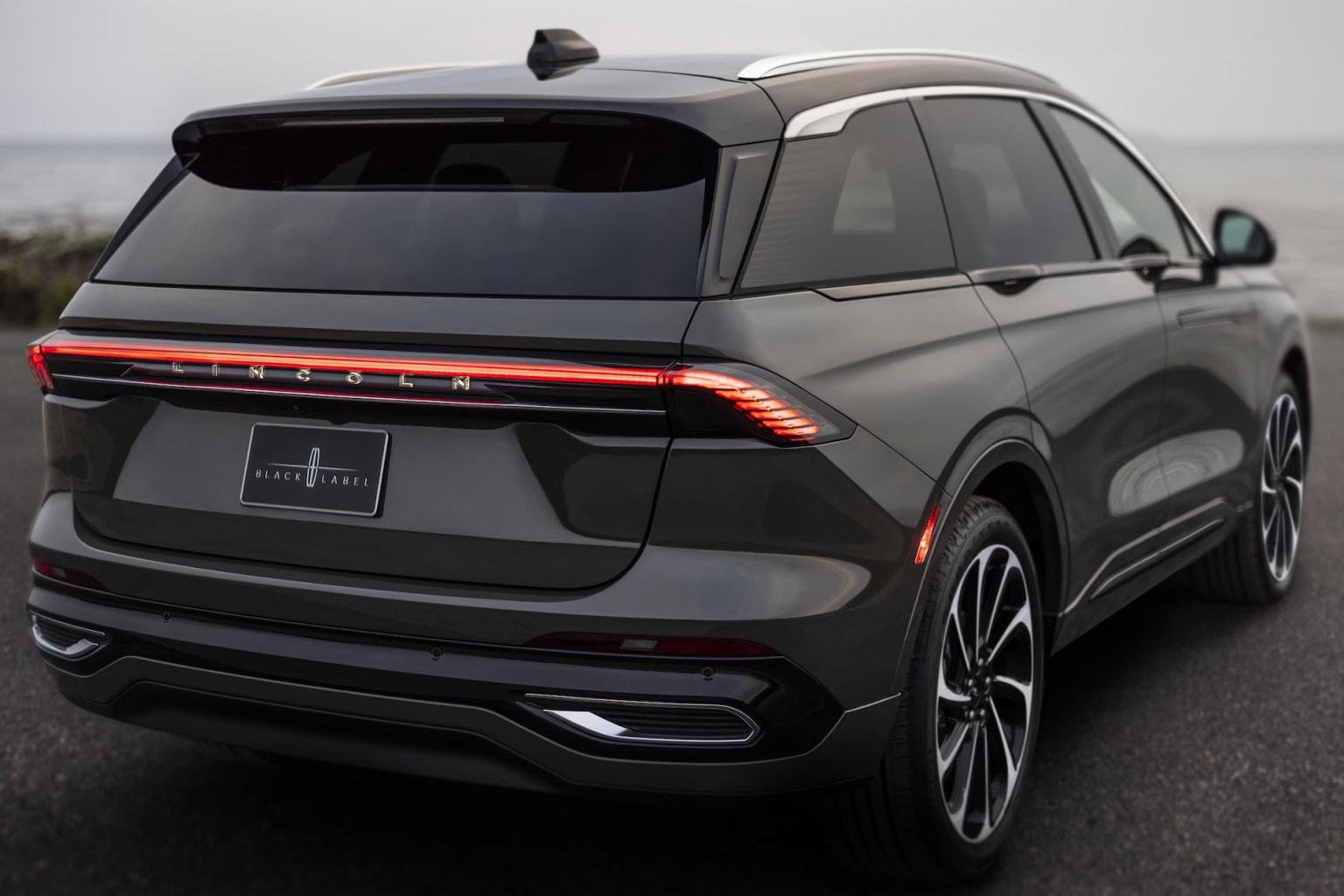 A sleek and modern-looking SUV with a distinctive rear design parked on a paved road against a blurred natural background.