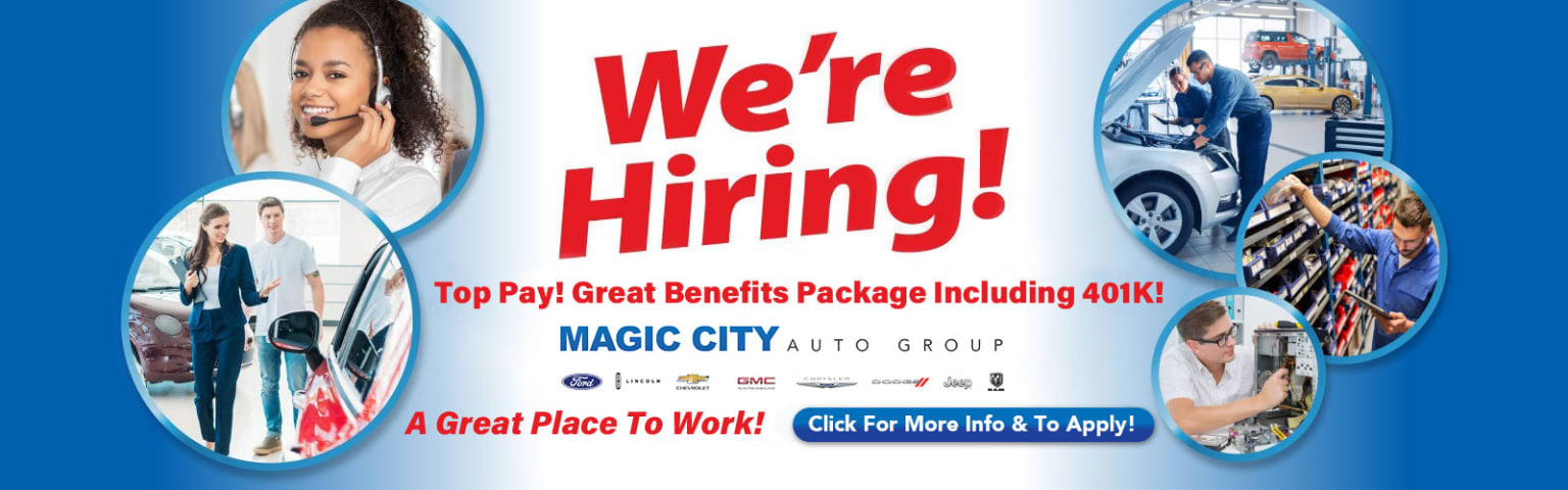 The image features a "We're Hiring!" advertisement for an automotive dealership, showcasing a smiling woman in the foreground and various automotive-related images in the background, including a vehicle and a person working on a car.