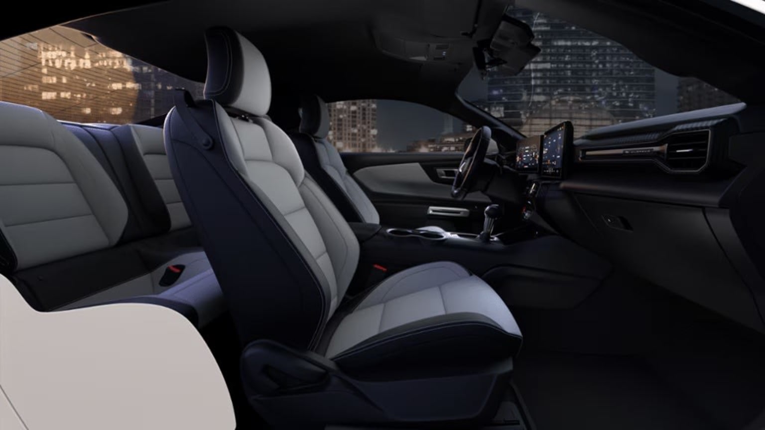 The image displays the interior of a modern, high-end vehicle at night, with the city skyline visible through the windshield in the background.