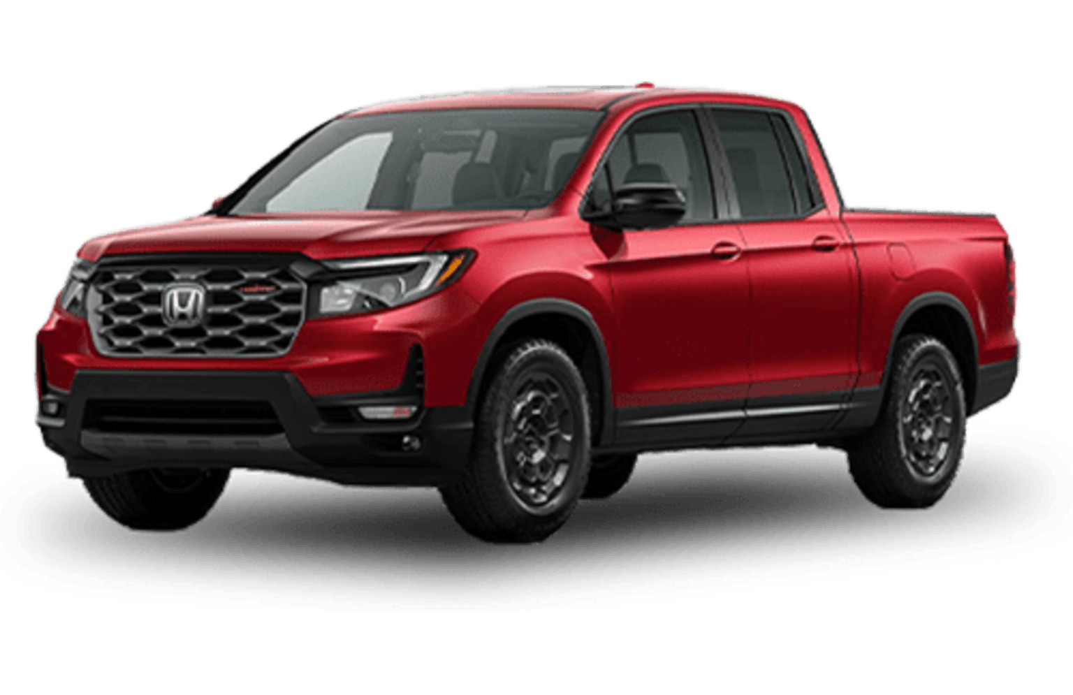 A red pickup truck with black wheels is parked on a white background.