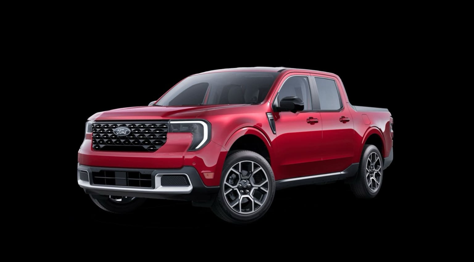 Red pickup truck with bold, angular design on dark background