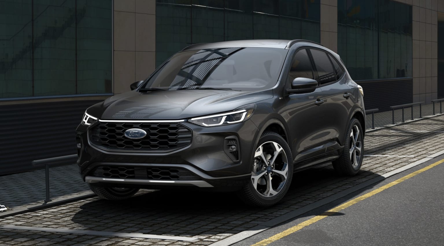 A sleek, dark-colored SUV parked in front of a modern, glass-fronted building, its bold design and aggressive styling standing out against the urban backdrop.