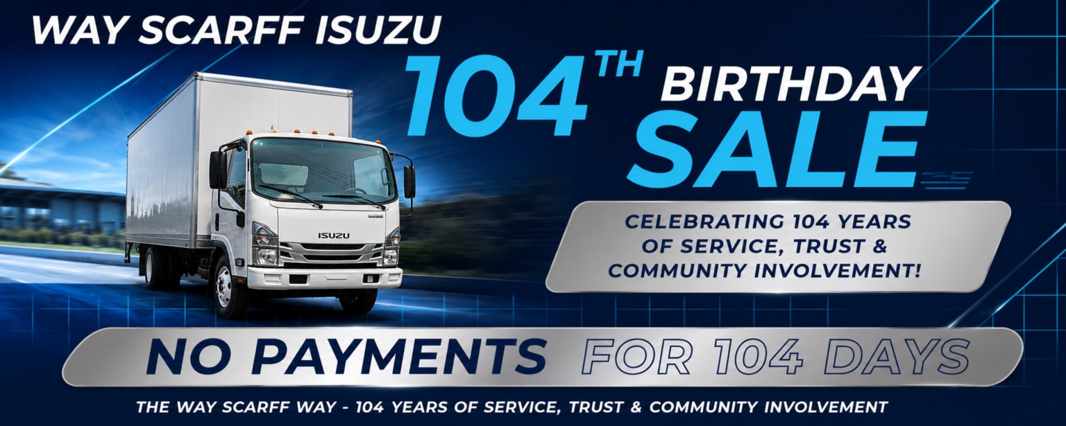 A white truck is parked in front of a dark blue background with text advertising a birthday sale and "no payments for 104 days."