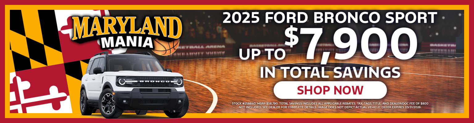 A 2025 SUV is shown in the foreground, with a basketball arena and the text "Maryland mania" in the background, advertising a total savings offer on the vehicle.