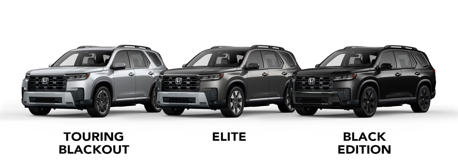 Three SUVs in varying trims, with black exteriors, showcased on a white background.