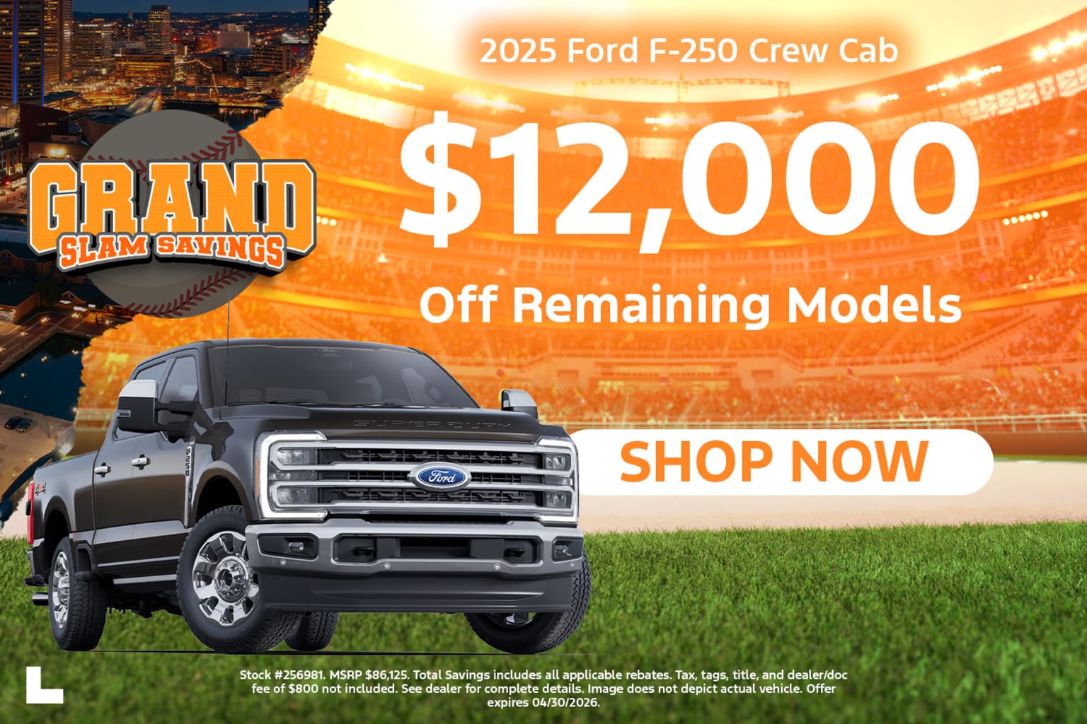 The image shows a crew cab truck with a city skyline in the background at night. The text overlay promotes a discount on the remaining models.