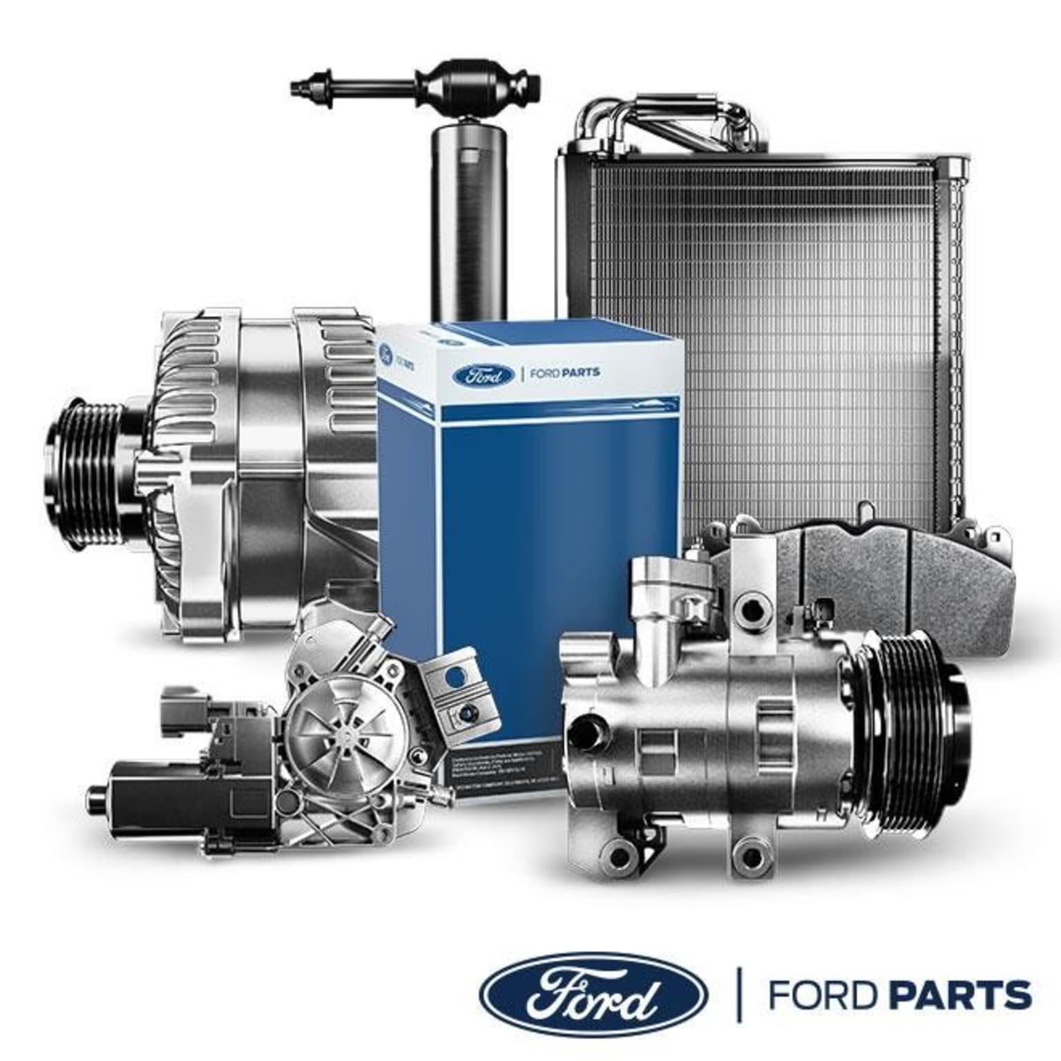 The image displays an assortment of automotive parts, including a generator, radiator, and various mechanical components, all arranged against a plain white background.