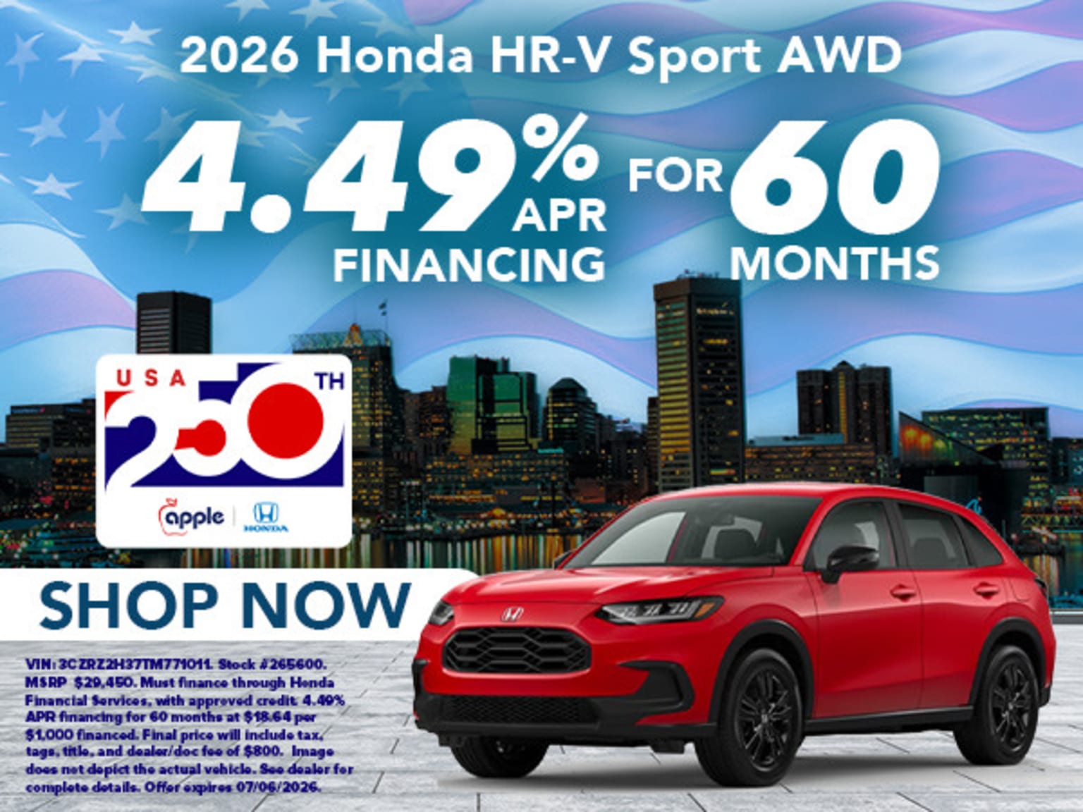 A red SUV is featured in the foreground with a city skyline in the background, advertising a financing offer.